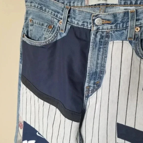 Levi's Low Rise Straight Patchwork Yankees Baseball Nike White Red NY 34 - Picture 10 of 13
